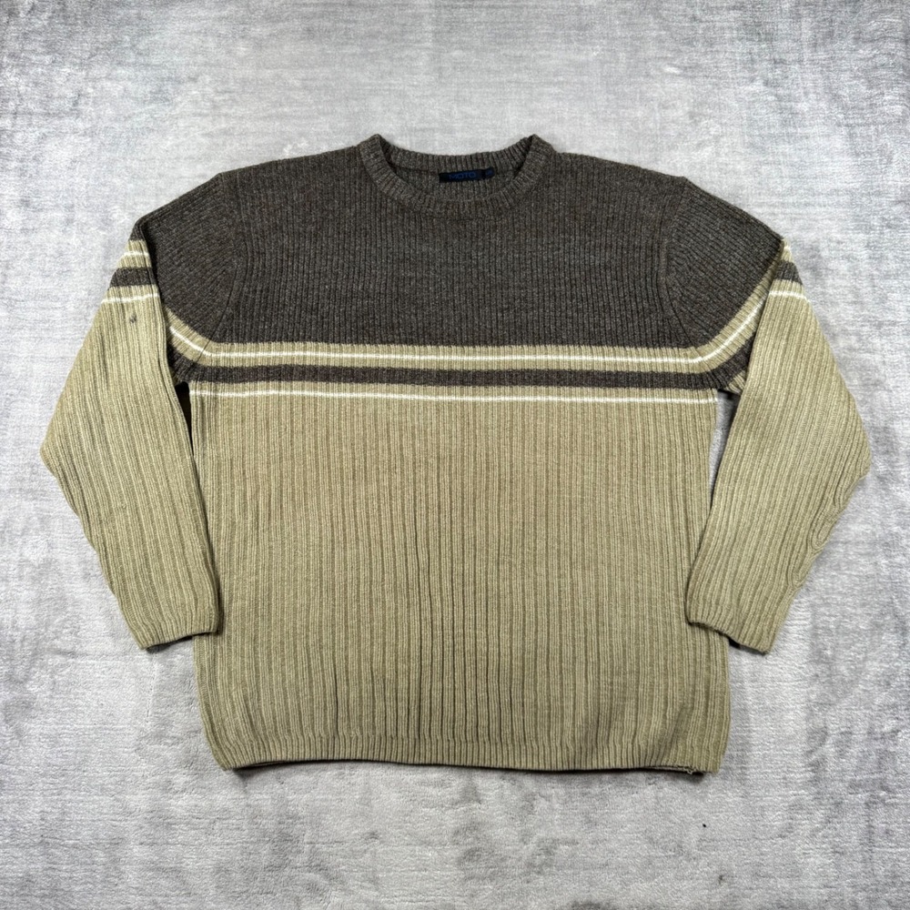 MOTO Sweater Mens Large Brown Tan Vintage Y2K Striped Ribbed Knit Colorblock